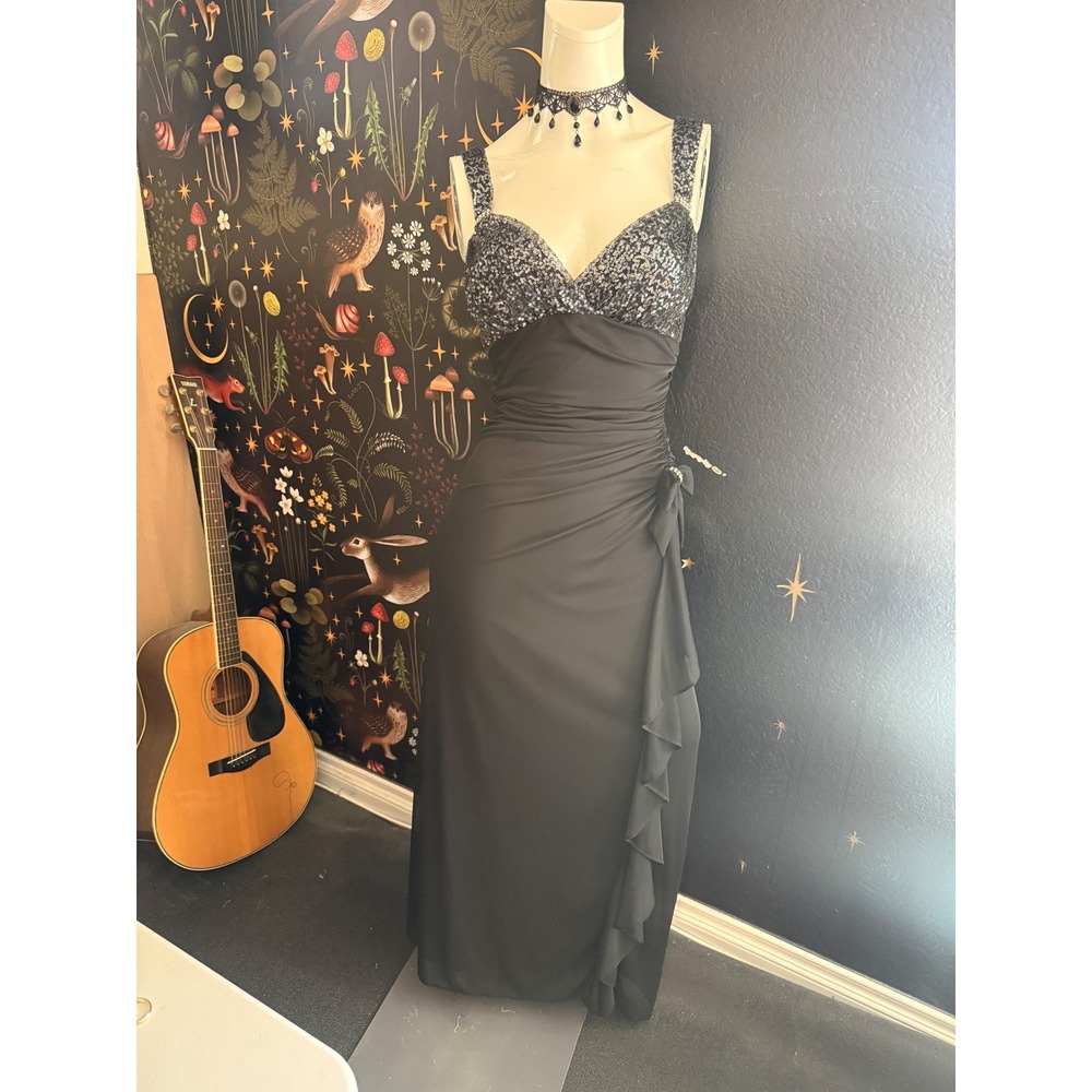 Blondie Nites Stacy Sklar Black Sequin Ruffle Formal Gown Dress Size 11
